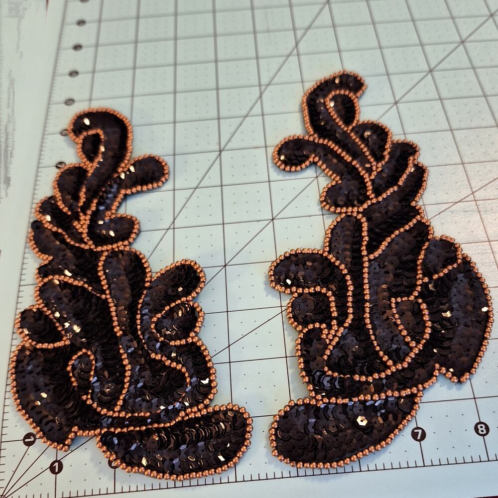 Black Gold Sequin and Bead Applique Left and Right Pair